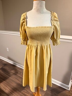 7 For All Mankind Butter Yellow Vegan Leather Smocked Puff Sleeve Mini Dress S